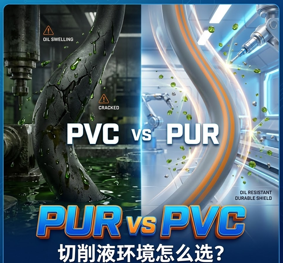 PUR vs PVC：机床切削液情形下，，你的拖链电缆选对护套了吗？？？？？？
